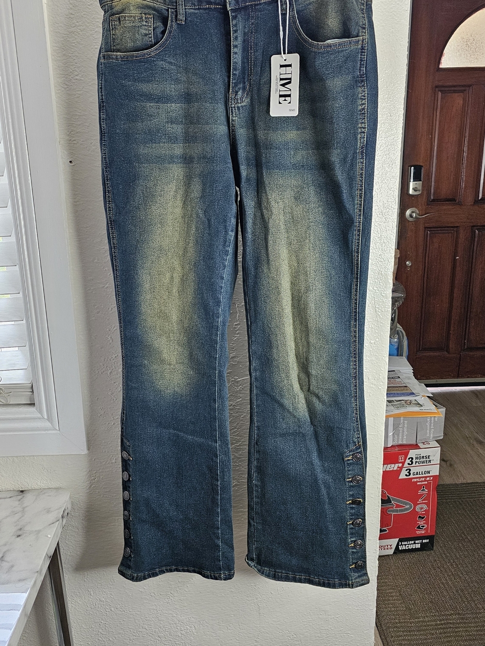 Women's Blue Distressed Button-Hem Jeans